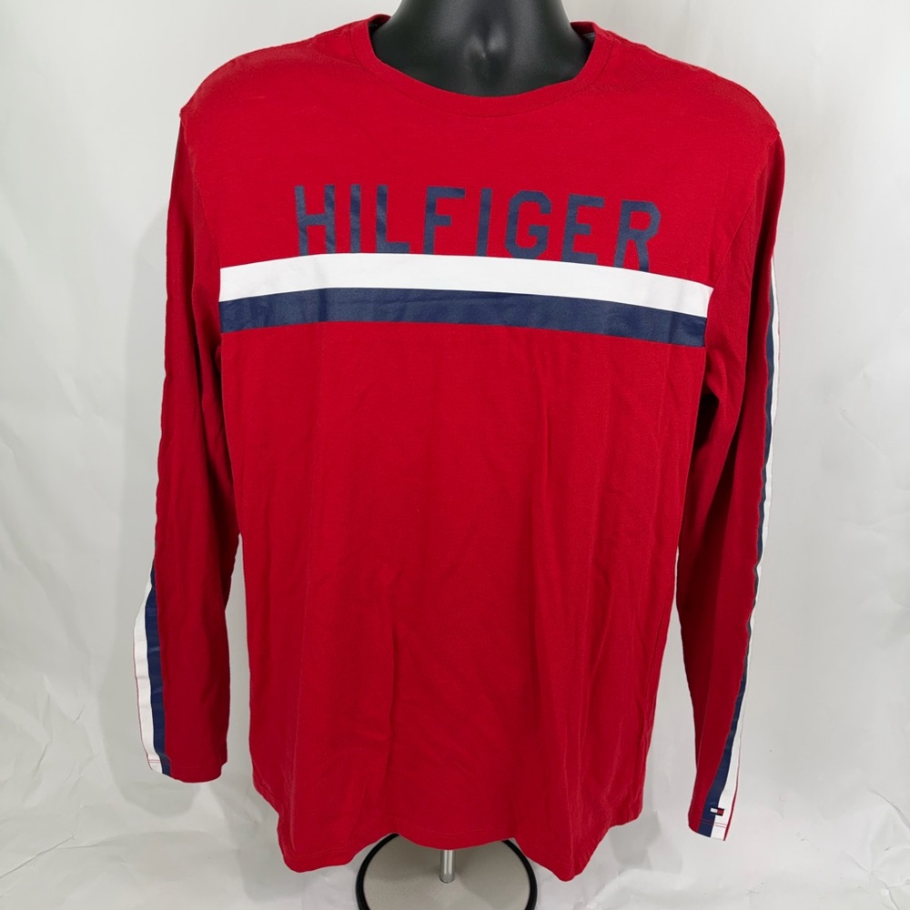 Tommy Hilfiger Red and Blue Long Sleeve‎ Men's Tee Spell Out